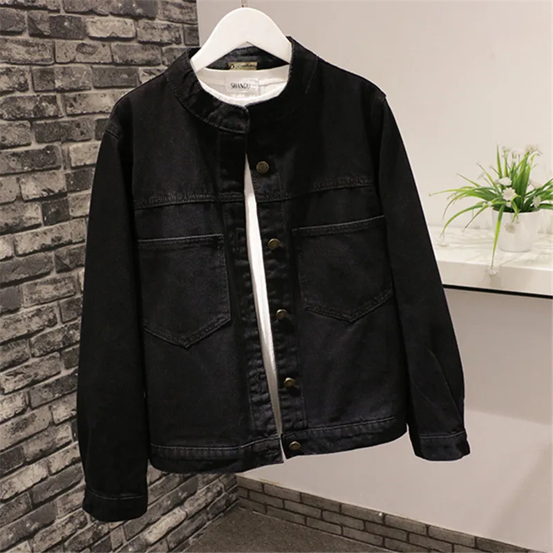 

Большой размер свободный черный джинсовая куртка Женская Студенческая одежда Chaqueta Mujer большой карман с воротником-стойкой и Короткие джинс...