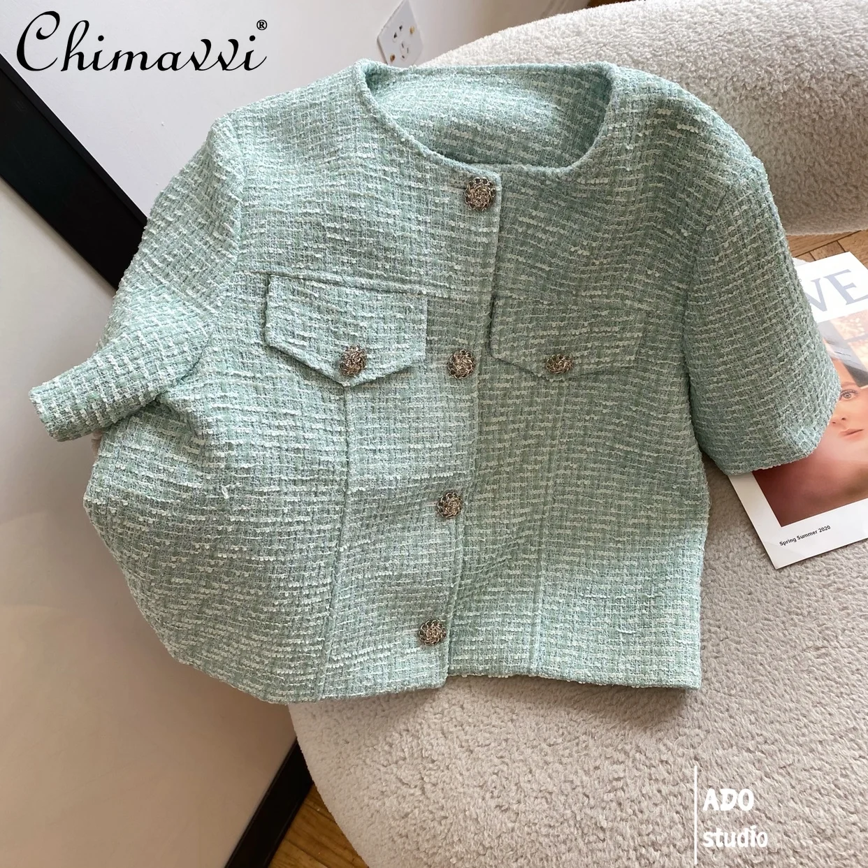 

Женский твидовый короткий топ, Зеленый однобортный Кардиган с коротким рукавом и круглым вырезом, весна 2021