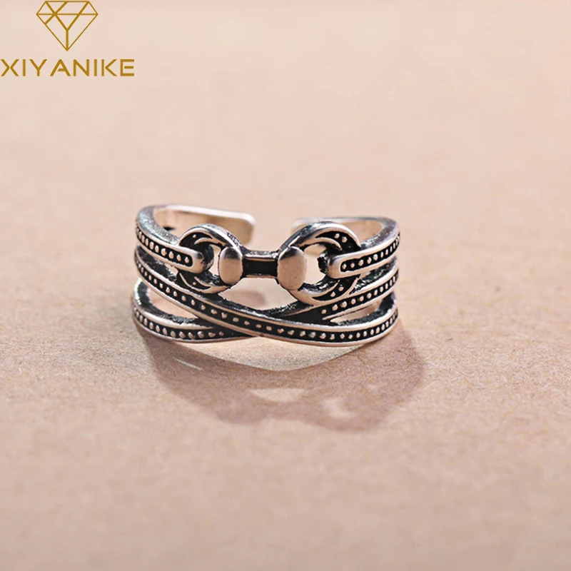 

XIYANIKE Silver Color Vintage Simple Hollow Geometric Rings Adjustable for Women Lovers Handmade Creative Party Jewelry