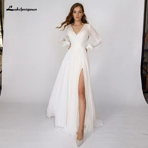 Lakshmigown Long Sleeves Chiffon Wedding Dresses Boho V-Neck Illusion Side Split Beach A-Line Simple Mariage Gowns Vestido Boda