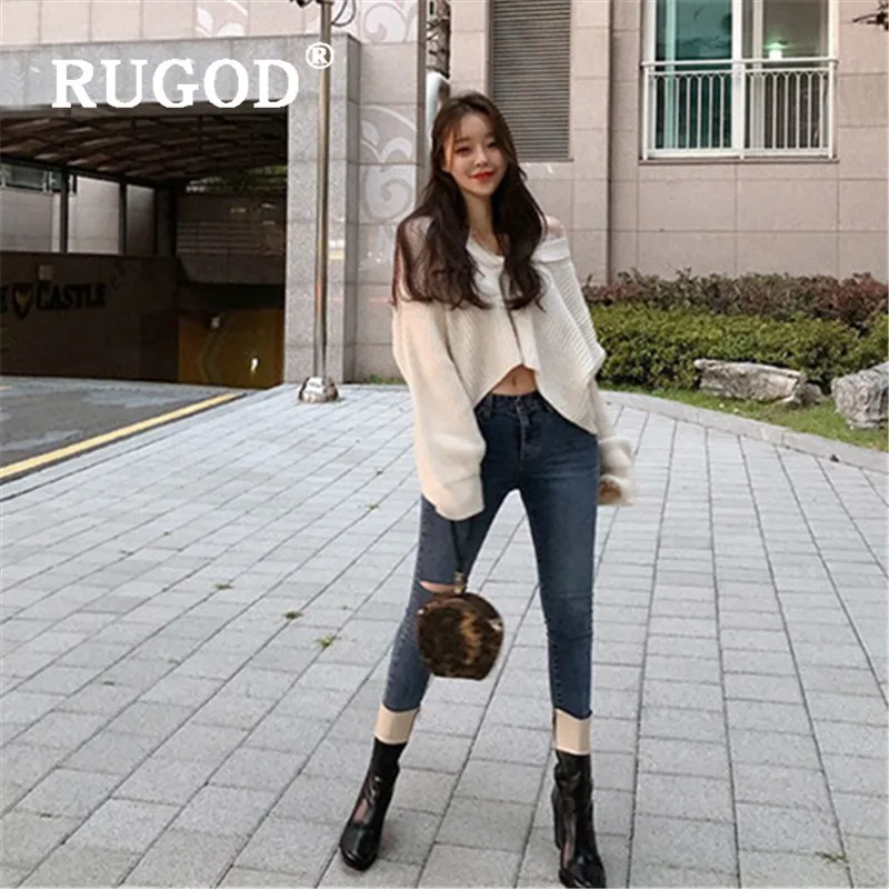 RUGOD 2019 Korean Style V-neck Sweater Women Solid Long Sleeve Loose Knitted Sweaters Pullovers Casual Lady Pull Femme Hiver | Женская