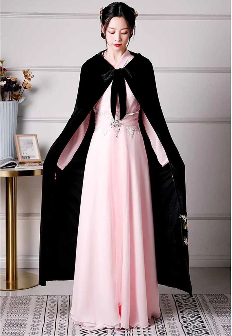 

Black Velvet Cloak Women Chinese Embroidered Hanfu Hooded Cloak Female Halloween Cosplay Costume Hanfu Long Cloak For Women