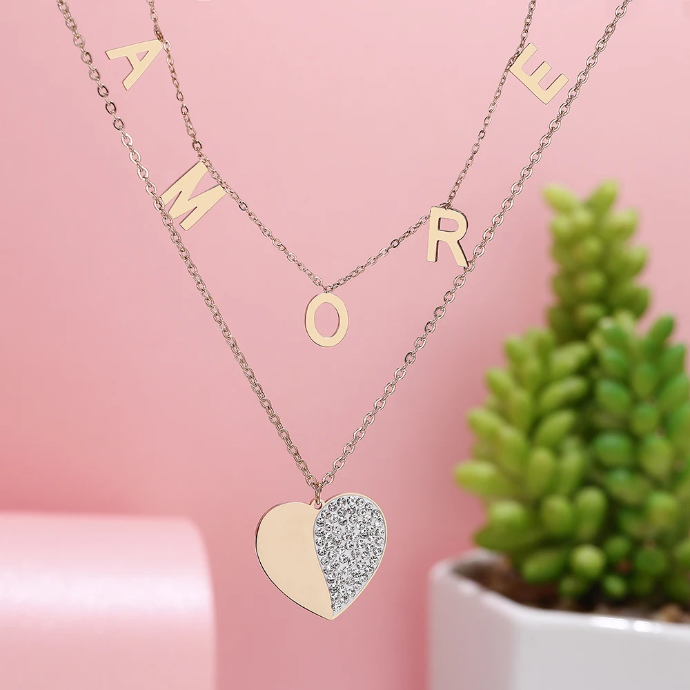 

AMORE буквы Чокеры ювелирные изделия из нержавеющей стали кристалл сердце кулон для ожерелья двухслойная цепочка ожерелье для женщин Gift2021