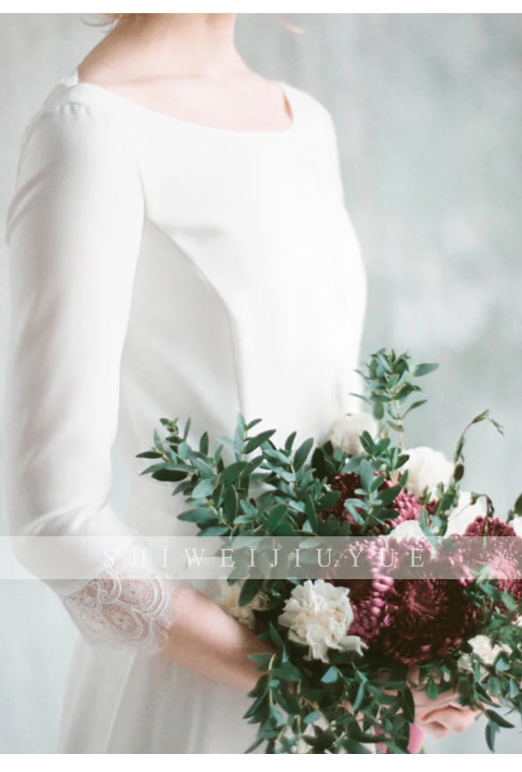 Мягкое атласное простое свадебное платье с длинным рукавом женское цена по