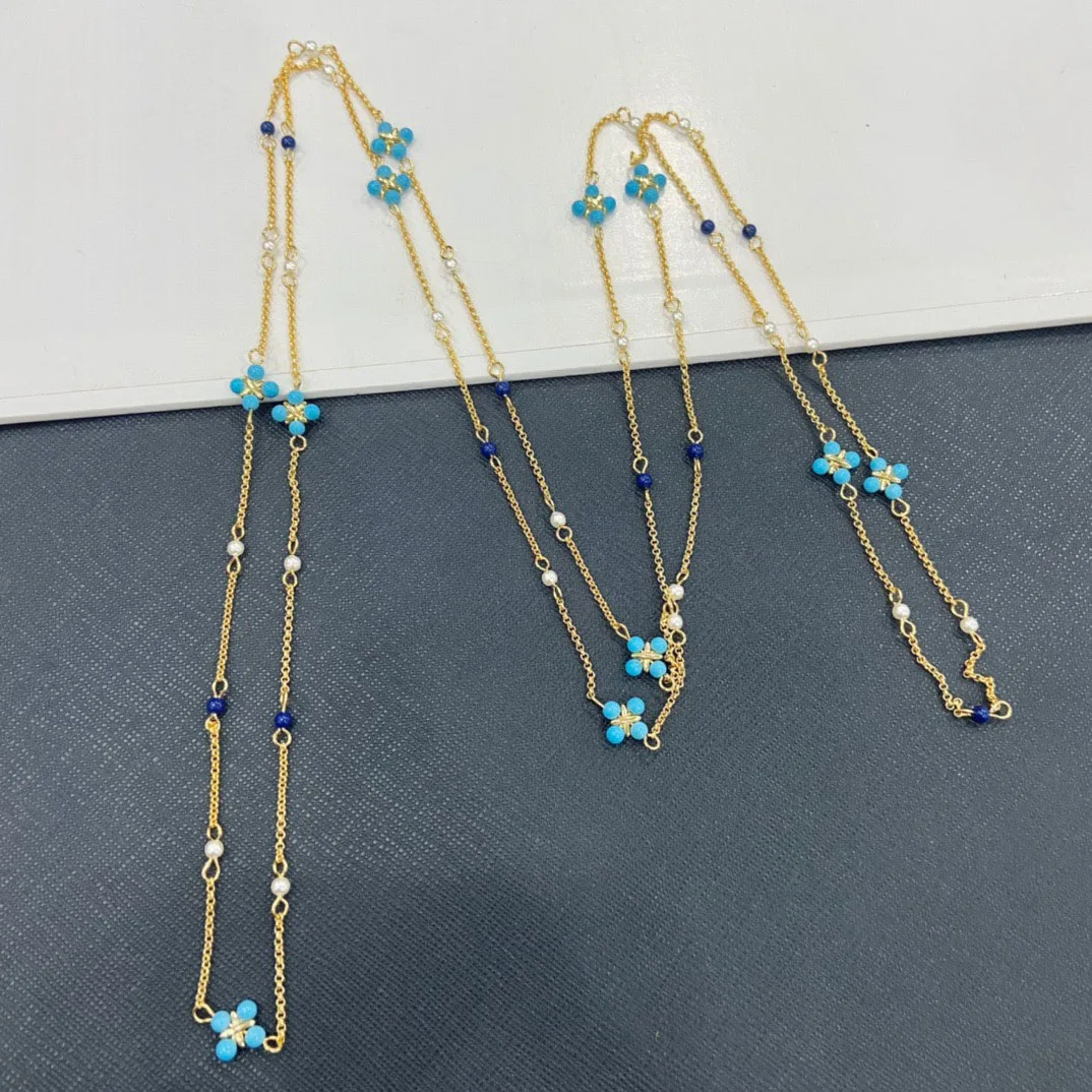 Женское ожерелье из серебра пробы с жемчугом и синим камнем | Украшения