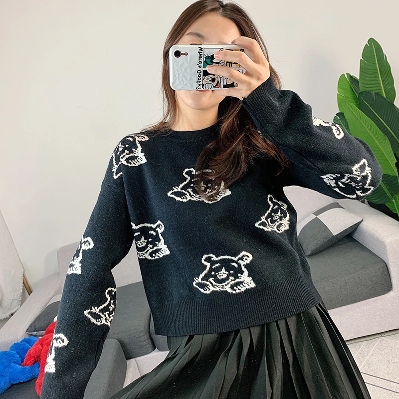 Women Cute Crop Sweater Top 2019 Autumn Crew Neck Long Sleeve Short Knit Pullovers Sweaters Bear Jacquard Loose Jumper | Женская одежда