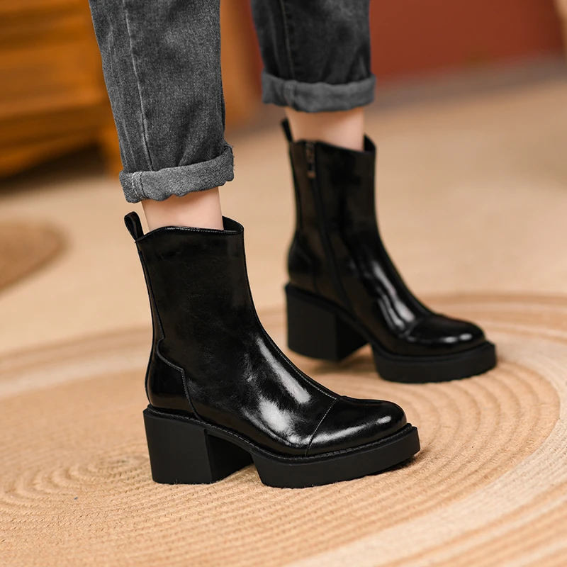 

Platforms Retro Mature Concise Women Ankle Boots Genuine Leather Thick Heels Autumn Winter Working Casual Shoes Woman