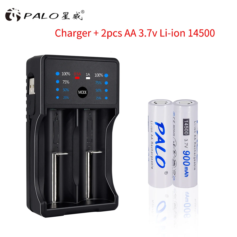 PALO 3,7 V Li-Ion bateria 14500 Li-Ion 900mah 14500 перезаряжаемая батарея литиевая батарея для камеры Фонарик Радио игрушка - Цвет: 1 charger 2 battery
