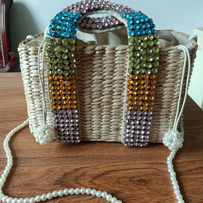 The New Diamond Straw Bag Hand Sewn Water Drill Beaded Ladies Handbags Woven Basket For Women | Багаж и сумки