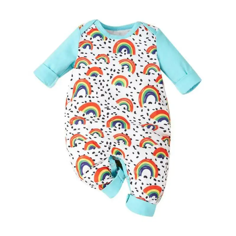 

Baby Long Sleeve Jumpsuit Cute Rainbow Print Casual Cotton Blue Hood Warm and Comfortable Boy Romper Winter