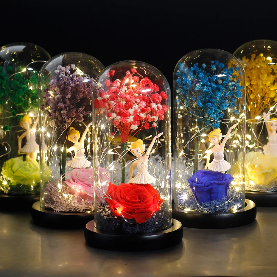 Розы из Гипсофилы в стеклянном куполе праздничное недорогое домашнее свадебное