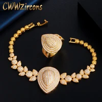 cwwzircons art deco micro pave cubic zirconia stone indian gold color leaf drop prom bracelet bangle and ring jewelry sets t422