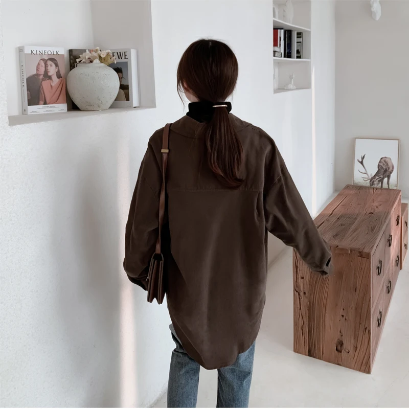 KINOMI Осень Зима с длинным рукавом OL Стиль Вельветовая блузка Рубашки Женская