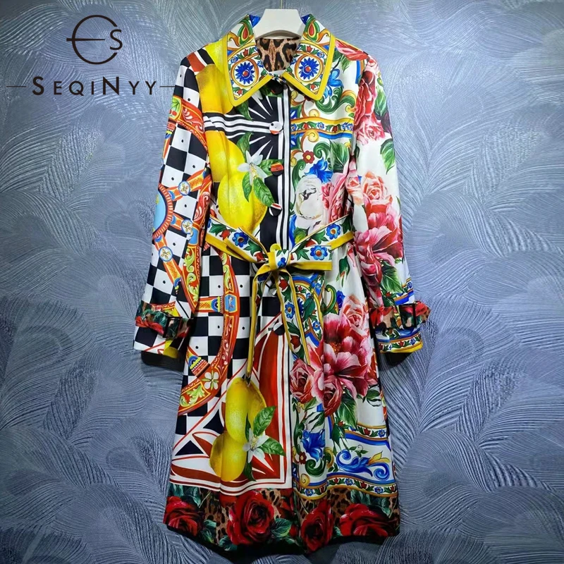 

SEQINYY Сицилия пальто весна осень новый модный дизайн женский подиумный высококачественный лимонный Леопардовый винтажный цветочный принт п...