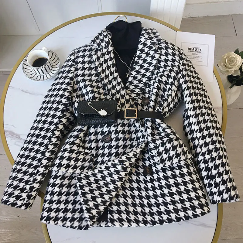 

Winter jacket new Korean version with waist bag houndstooth woolen coat suit thick and loose Winter and autumn thick woolen coat