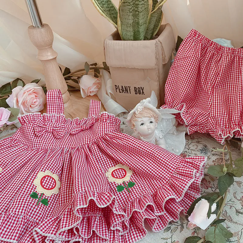 

2020 Summer New Arrivals Antique Wind Lolita Sunflower Short Vest Dress 2pcs Kids Dresses for Girls Children Vocation Clothes