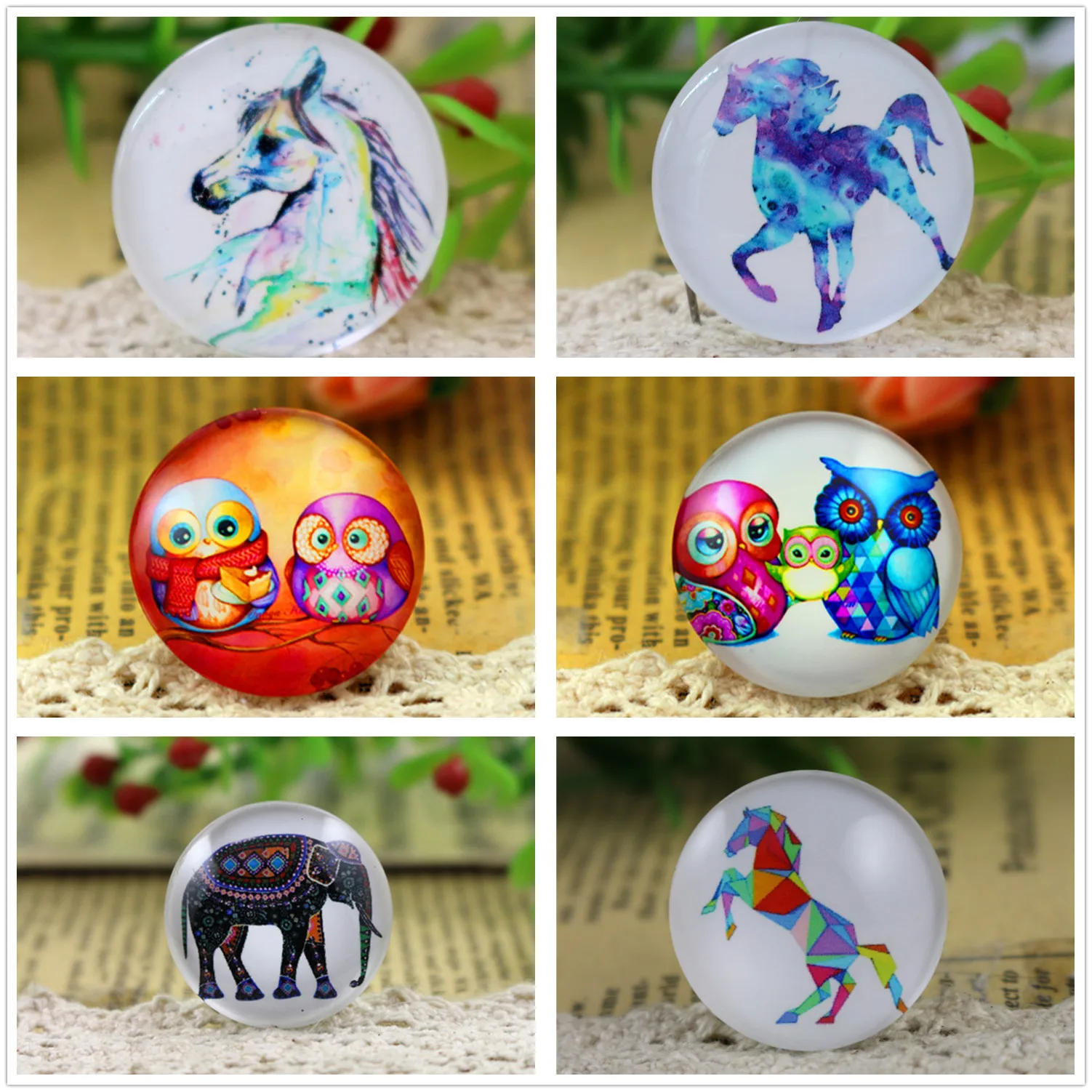 Горячая продажа 5 шт./лот 25 мм Ручная работа слон и лошадь сова фото стекло