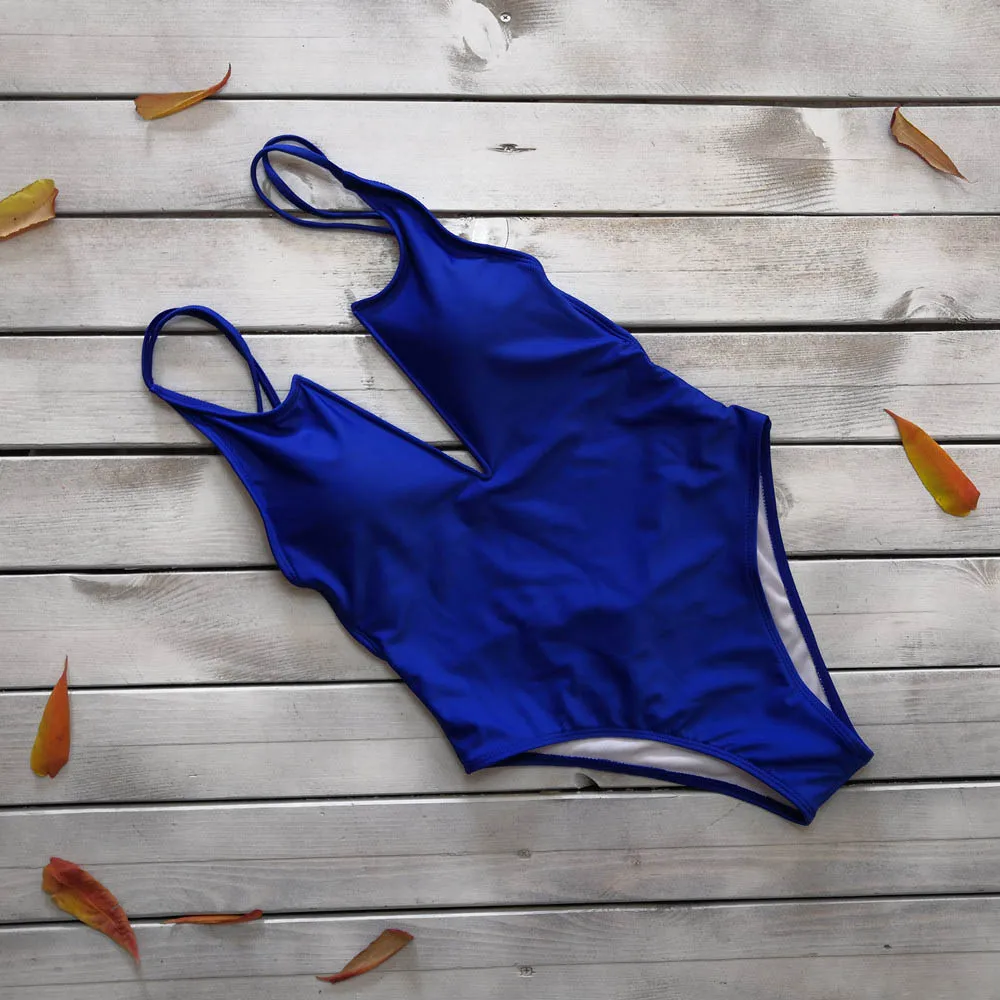 Летний новый цельный женский купальный костюм сексуальный глубокий V однотонный