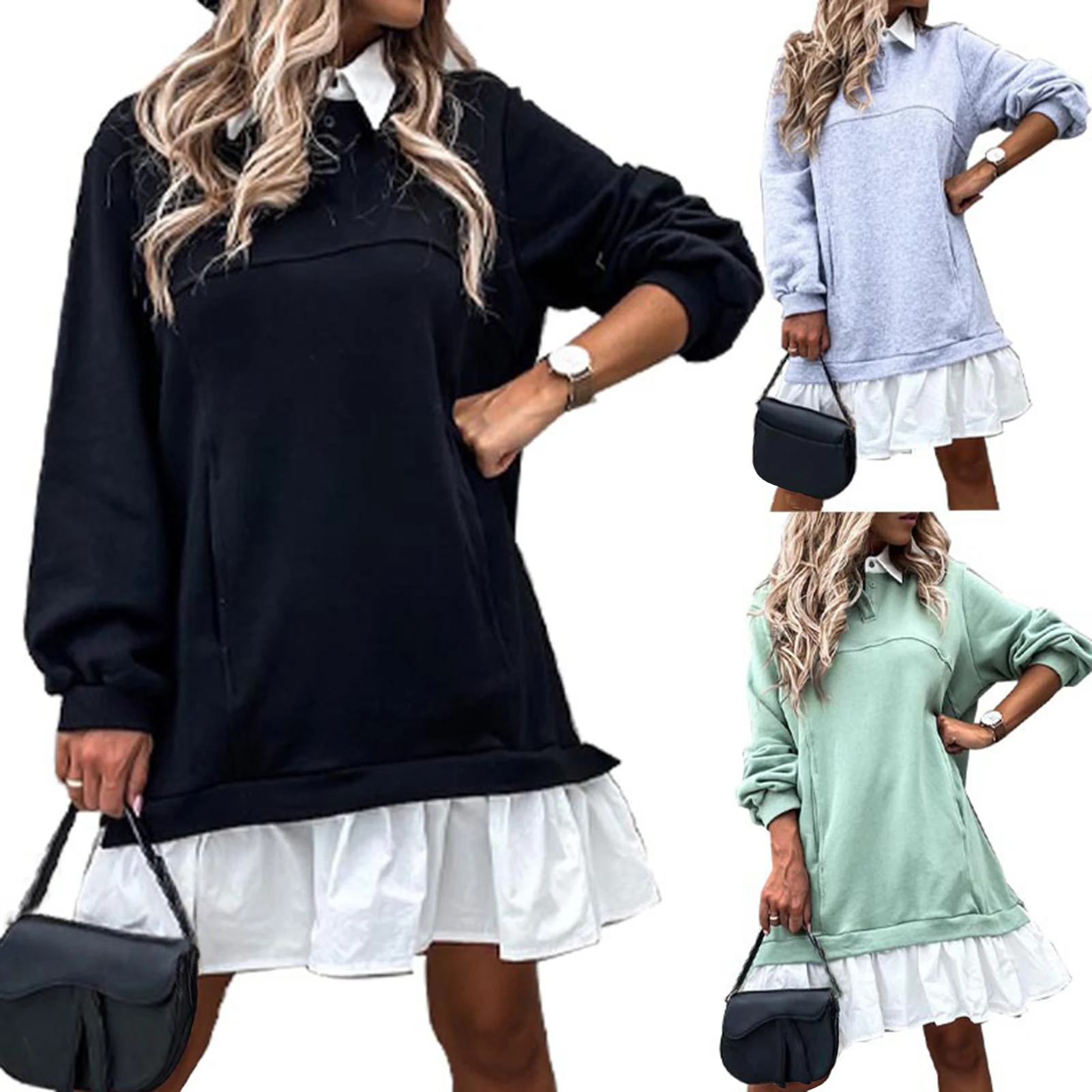 

Elegant Women Patchwork Solid Color Dress Autumn Turn-down Collar Button Dresses Ladies Long Sleeve Casual Sweatshirt Dress 2020