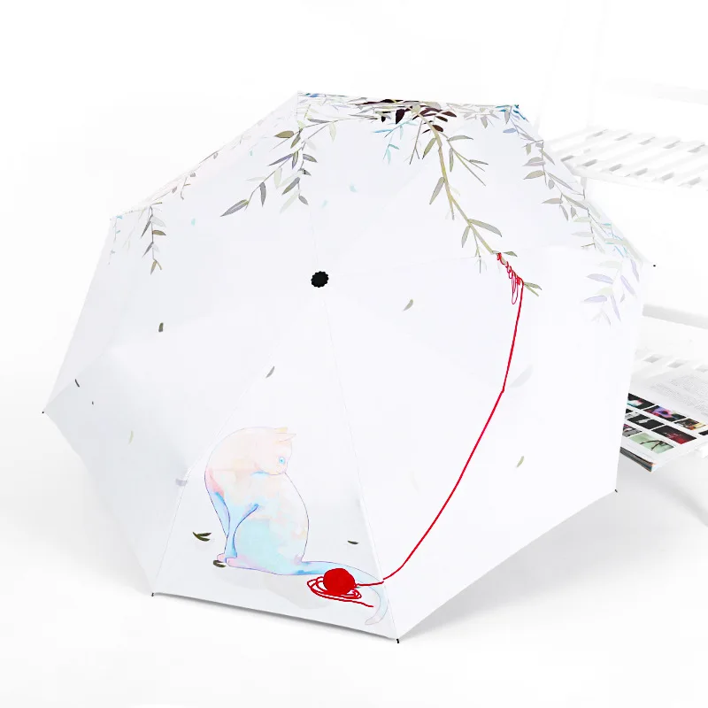 Женский автоматический зонт с черным покрытием складной от дождя и солнца тремя