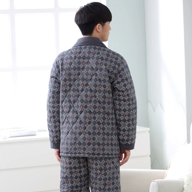 Men Pajama Set Pyjamas Suits Winter Three-layer Quilted Thick Full Cotton Warm Sleepwear Night Suit 3XL Men Nightwear Loungewear