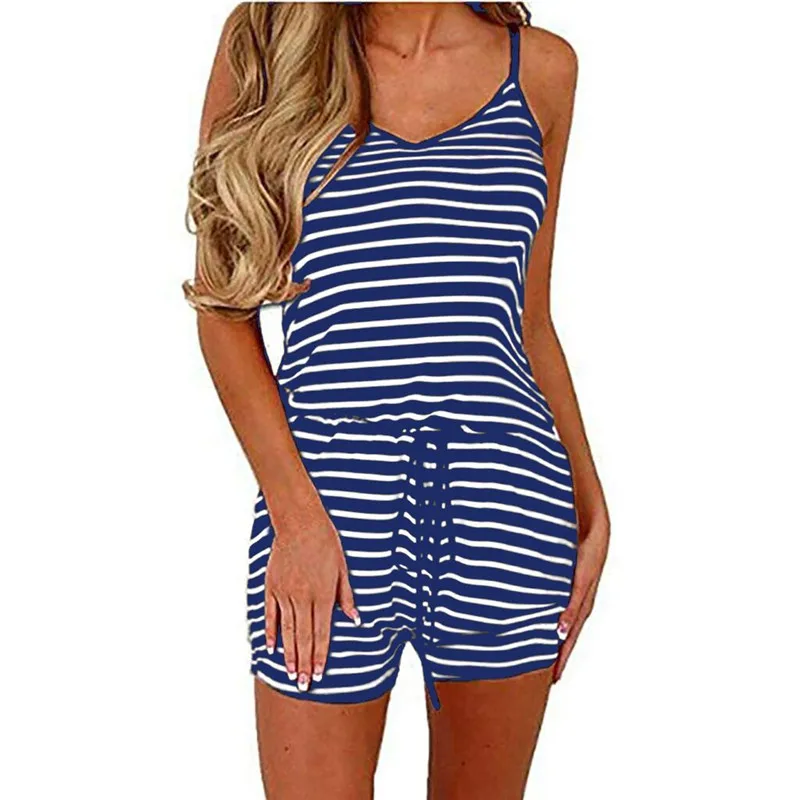 

Women Adjustable Waist Drawstring Jumpsuit Slash Neck Strap Sling Striped V-neck Bodysuit Summer Sleeveless Beach Daily Jumpsuit