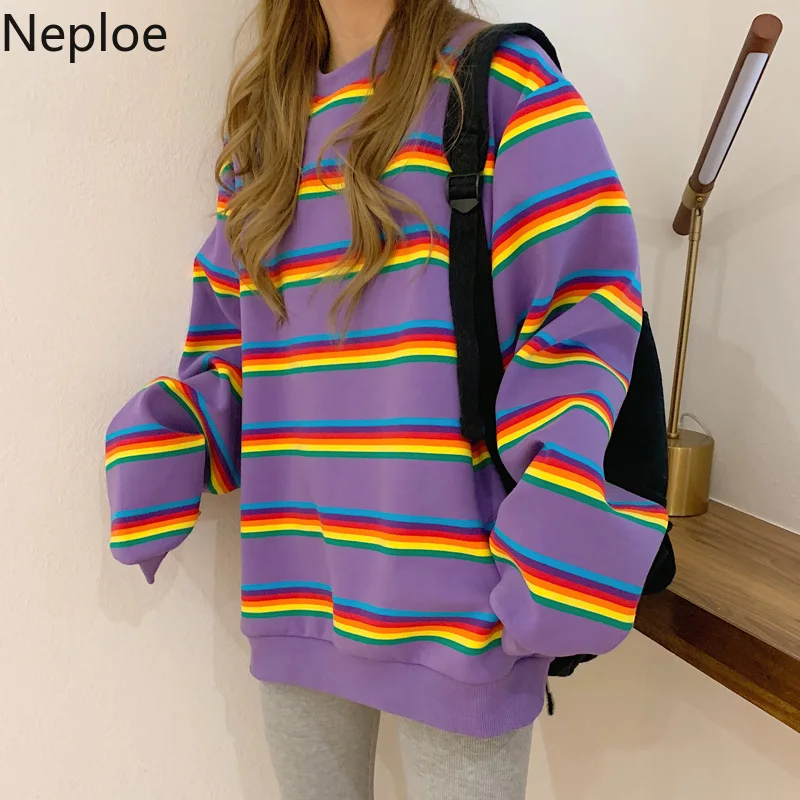 Женский пуловер в радужную полоску флисовый утепленный джемпер свободного