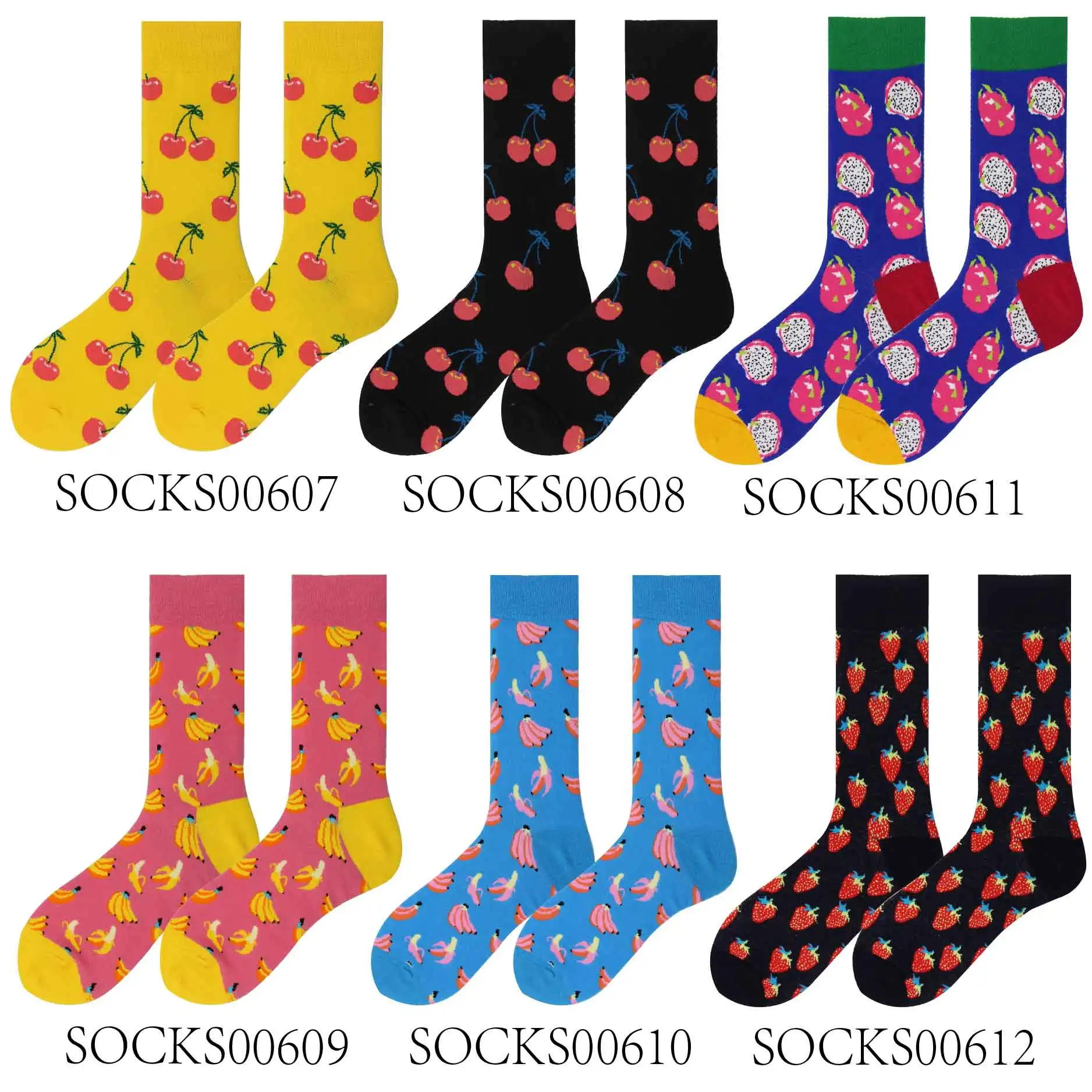 6pairs00602 Забавные хлопковые носки с принтом счастливой пары цветные вишни желтые или черные базовые узоры серии - Цвет: 6pairs00602