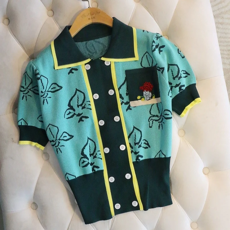 

Женский короткий кардиган с лацканами, двубортный жаккардовый вязаный Топ контрастных цветов, свитер с высокой талией на лето, 2021