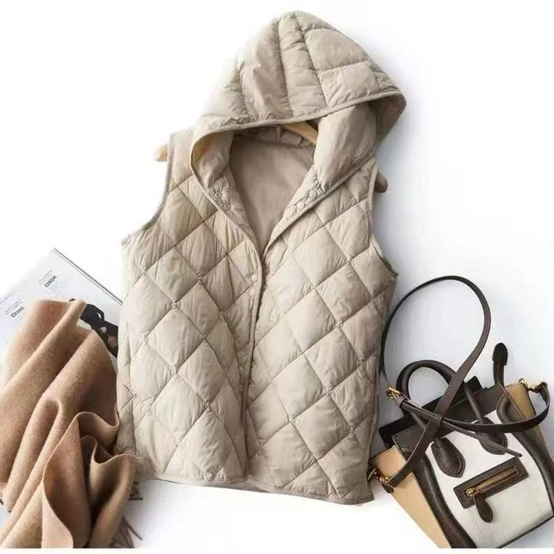

Cotton Women Vest Coats Winter Hooded Sleeveless Argyle Solid Straight Casual All Match Female Outwear Tops