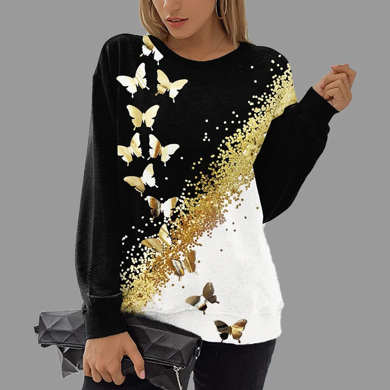 2022 New Trend Couture Women Pullovers Sweatshirt Golden Butterfly Print Tops Outer Garment Female Long Sleeve O-neck Clothing