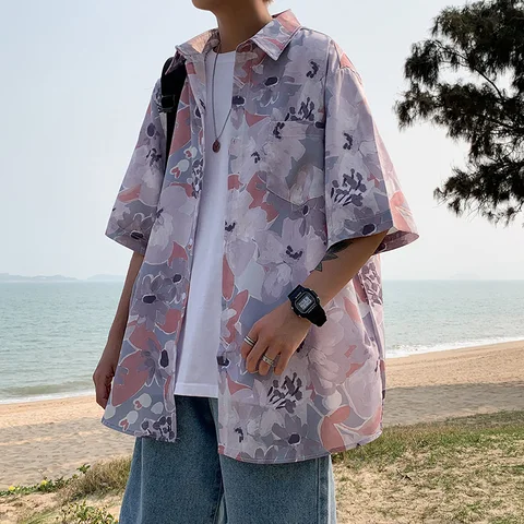 Мужская летняя рубашка harajuku, с гавайским цветком и коротким рукавом, 2021
