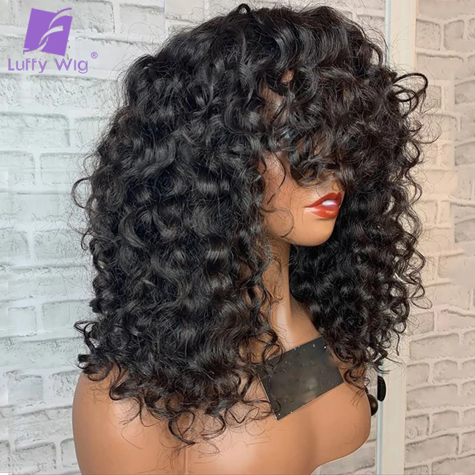 Bouncy Loose Curly Scalp Top Full Machine Made Wig with Bangs 200 Density Remy Brazilian Curly Human Hair Wigs with Bangs
