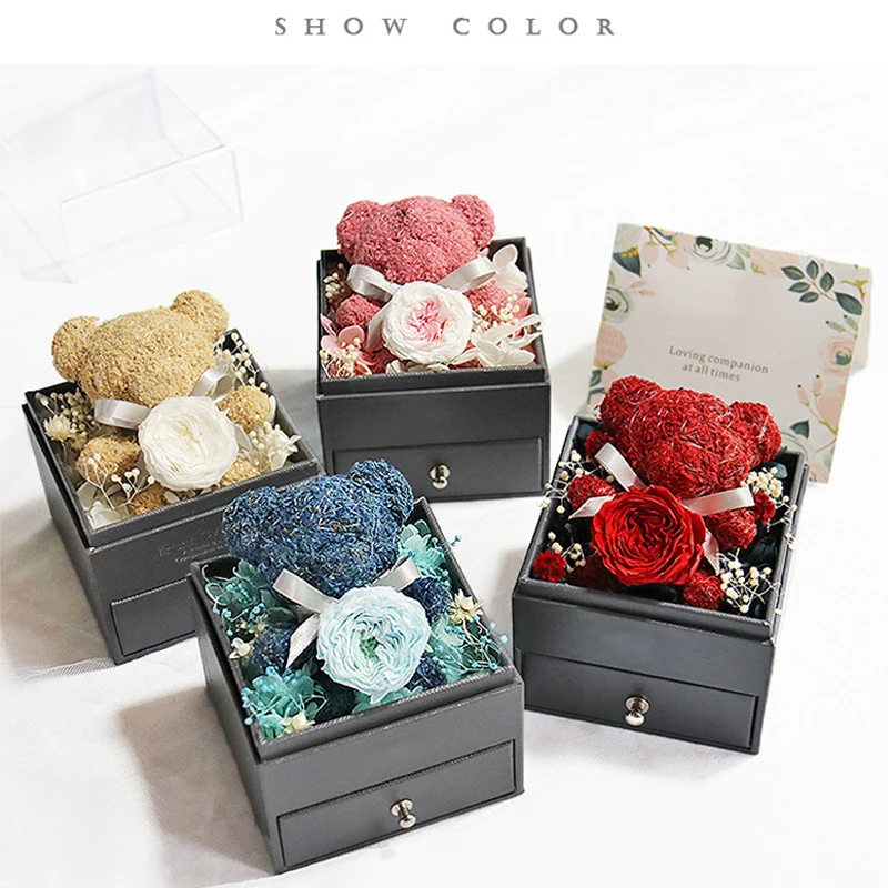 

Rose Teddy Bear Drawer Necklace Ring Jewelry Box Valentine's Day Gift Immortal Flower Preserved Rose Wedding Gift For Girlfriend
