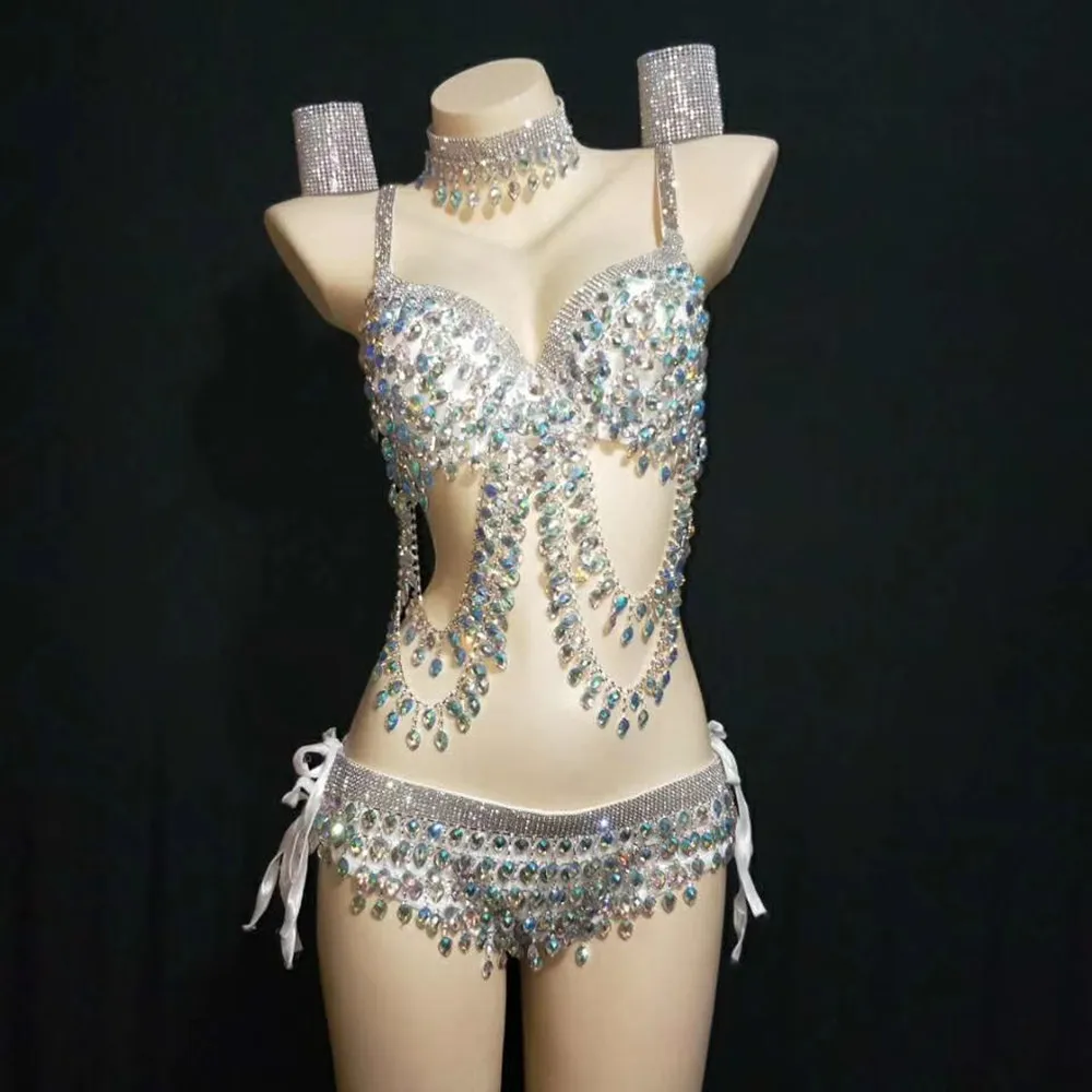 

Women Sexy Rhinestones Bikini Dance Set Nightclub Tassel Crystals Bra+ Shorts DJ DS Pole Dance Outfits Set Performance Costumes