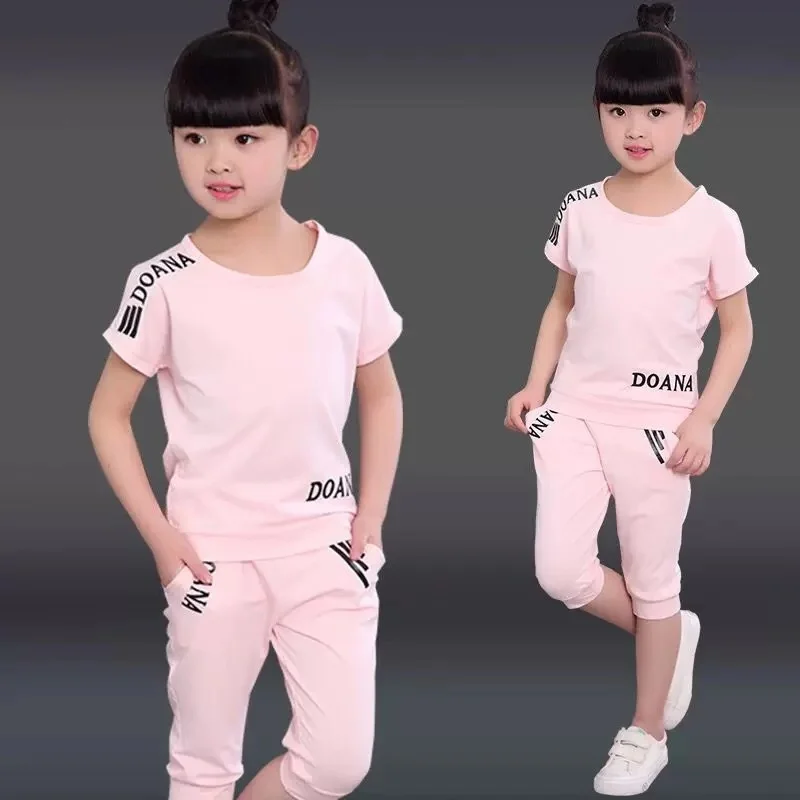 Summer 2022 Girls Clothes Sets Outfits Kids Baby Short Sweatshirt + Pants Fashion Children Clothing Suits 3 5 6 7 8 10 12 Years