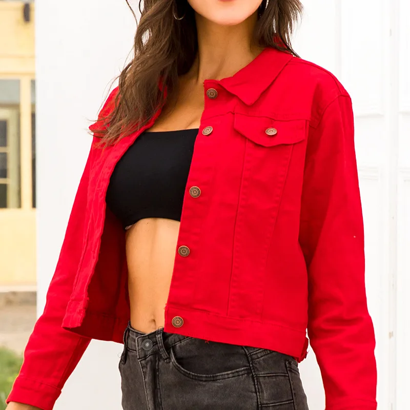 Демисезонная женская куртка и красная короткая куртка, повседневная короткая джинсовая куртка