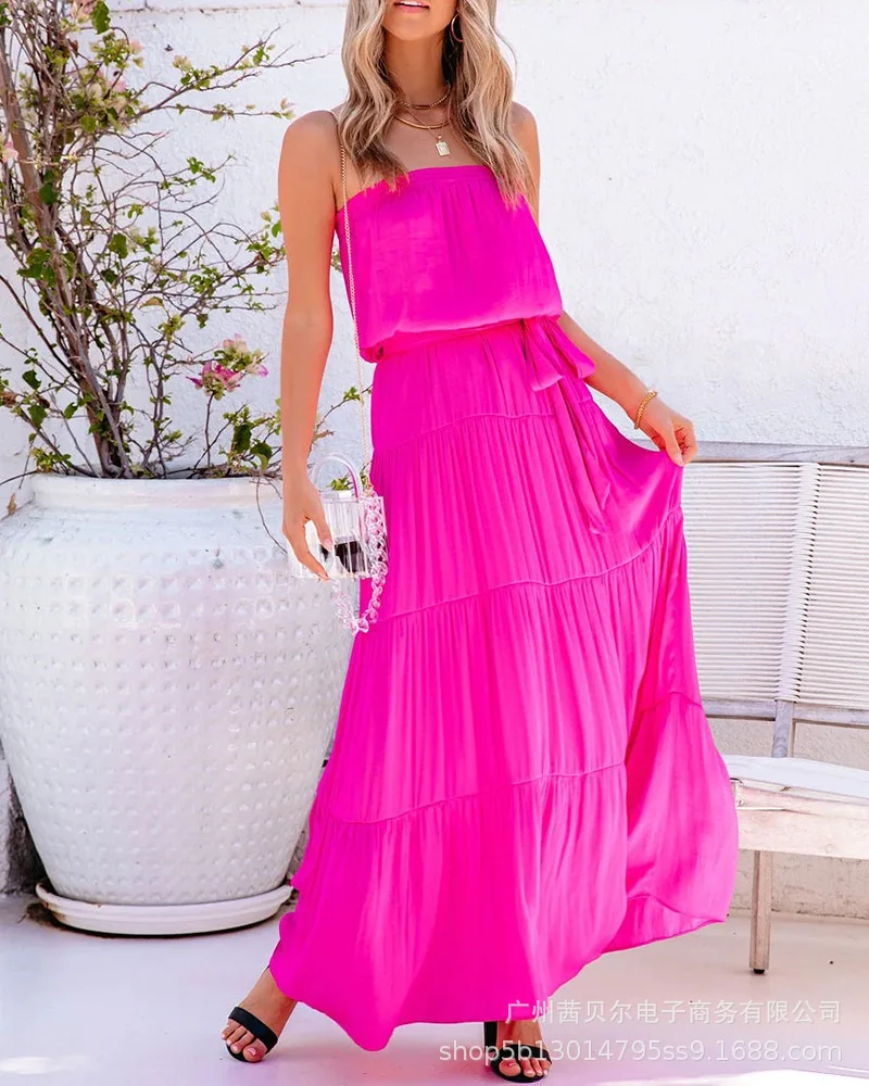 

rose red tube top dress women 2021 new fashion with belt