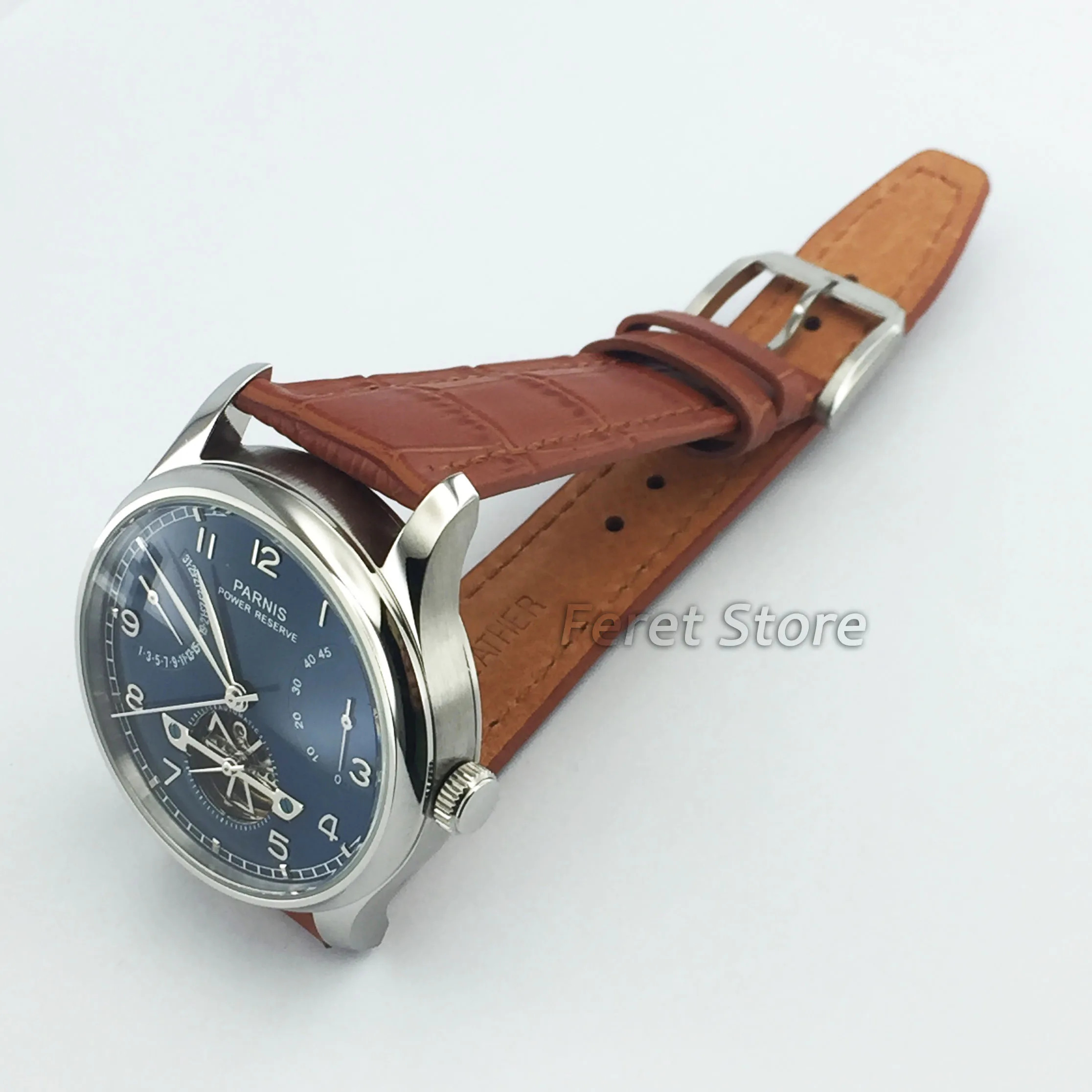 

Parnis Black Dial Silver steel hands stainless steel case Power Reserve 43mm automatic mens Watch pa28