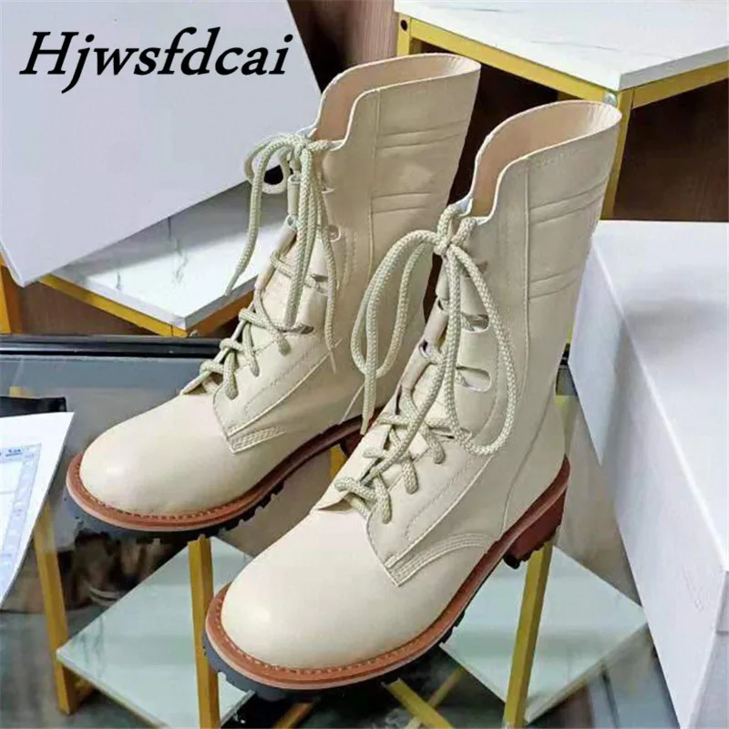 

Hjwsfdcai Autumn New Leather Martin Boots British Style Thick-Soled Thick-heeled Women's Boots Woman Shoes Women Knight Boots