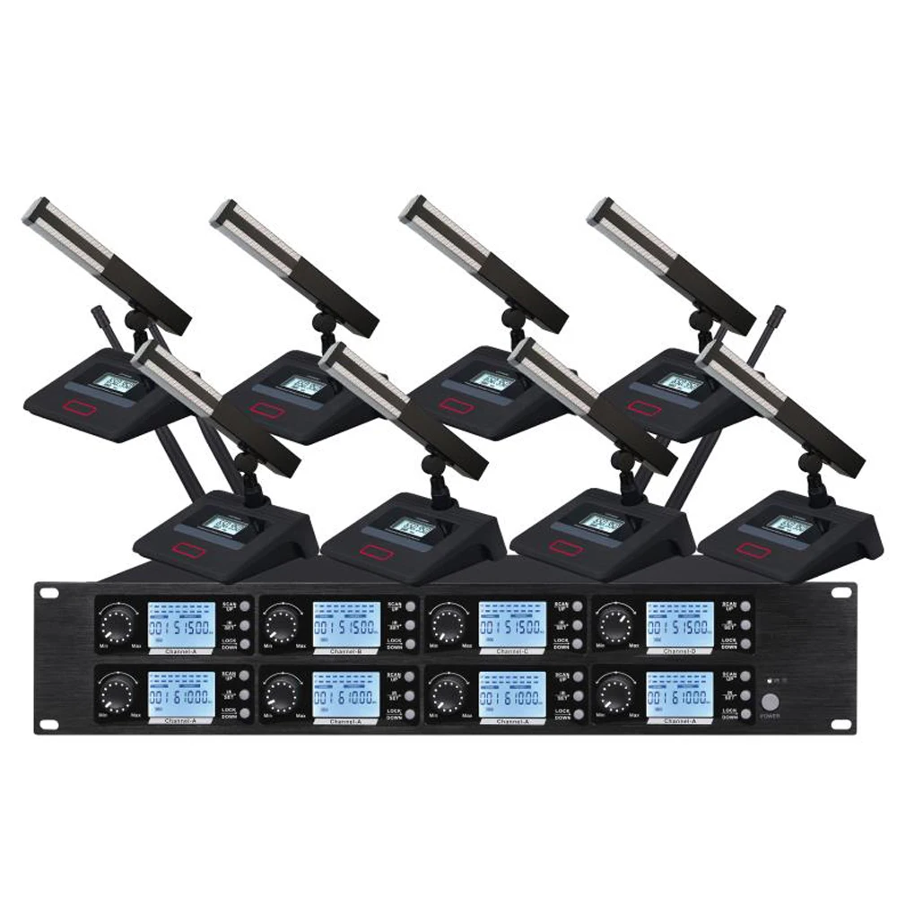 

MiCWL 8 Table UHF Wireless Conference Microphone 8 Long Gooseneck Desktop Meeting Room System 6.35mm Output Balanced Mix Out