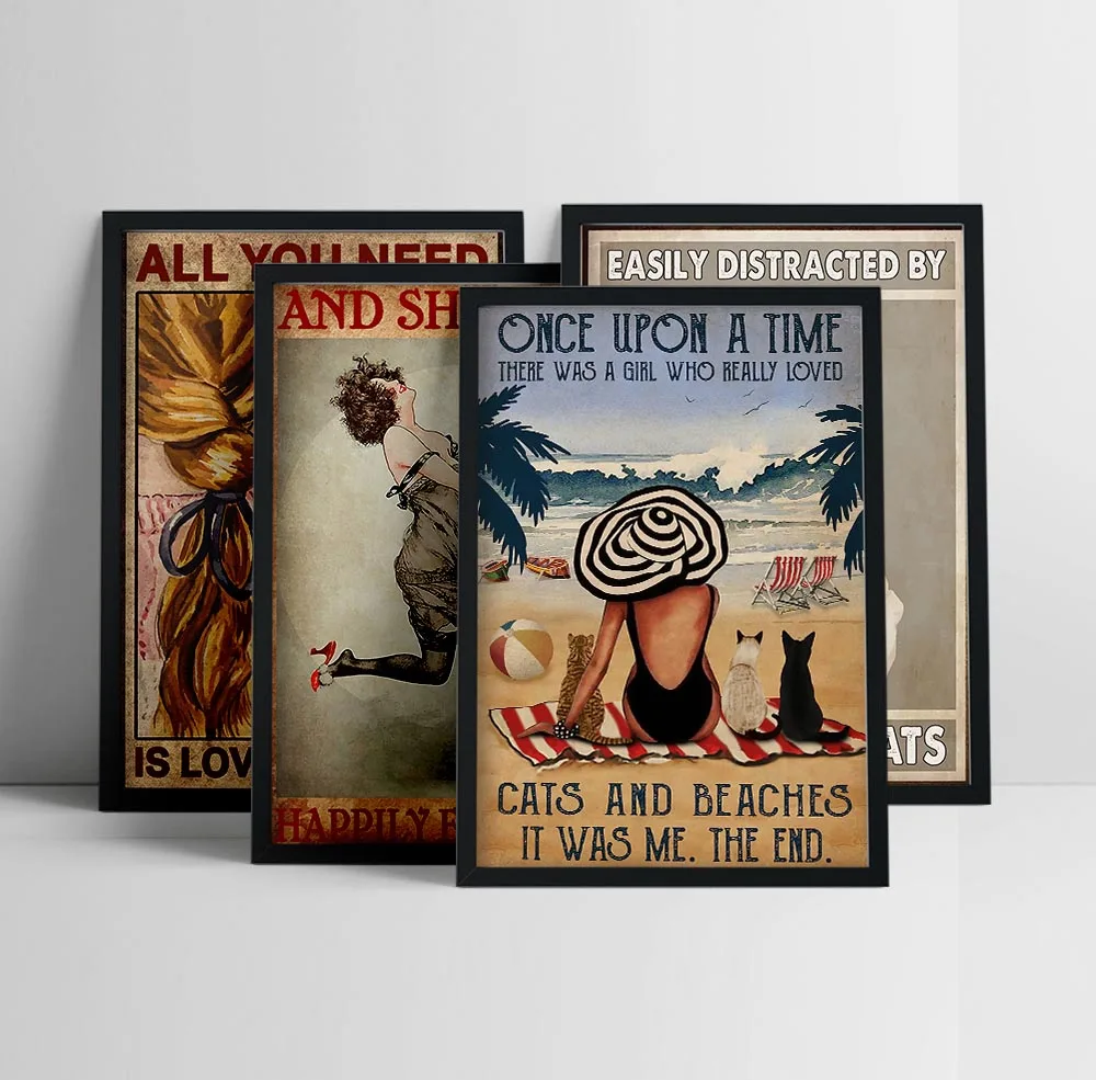 Винтажная Классическая Картина на холсте с изображением черной кошки девушки