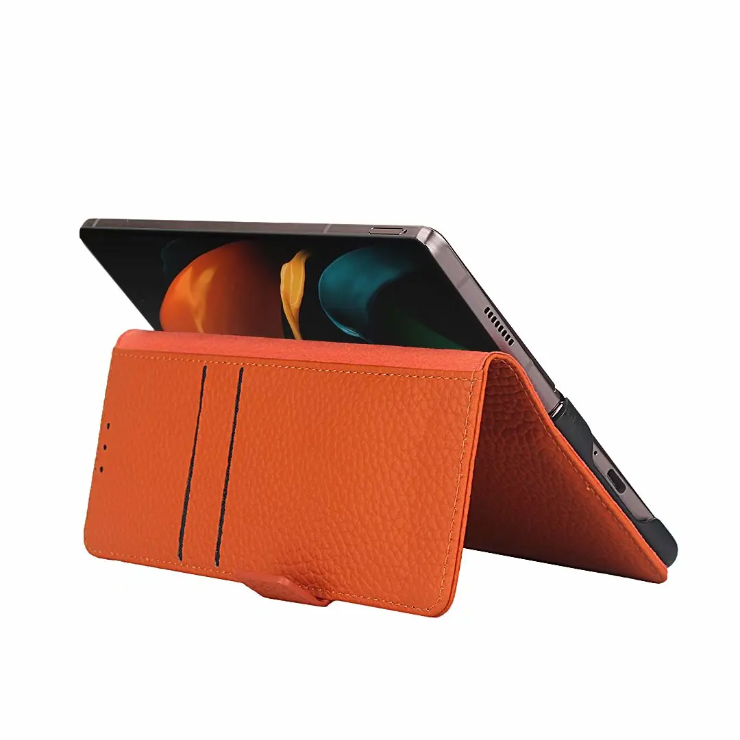 buzzlee litchi pattern genuine leather phone case for samsung galaxy z fold 2 5g leather magnetic buckle phone case free global shipping