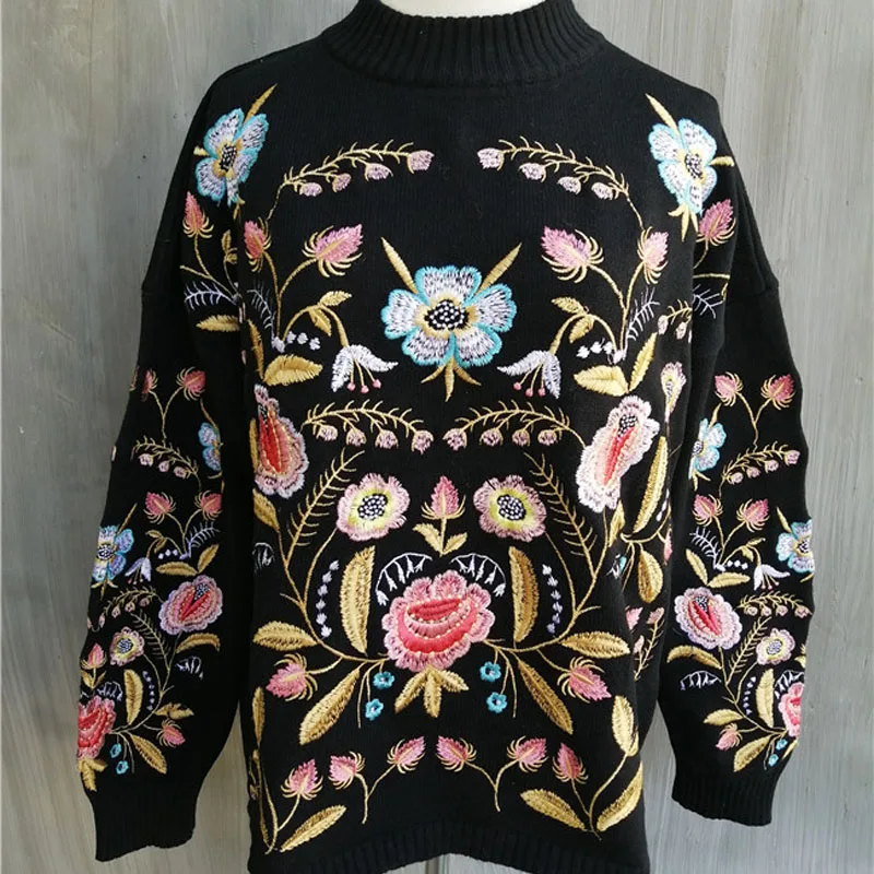 Фото 2020 Spring new ethnic style embroidered sweater women's loose short heavy industry flower black vintage blouse B-162 Женская 2020 Spring new ethnic style embroidered sweater women's loose short heavy industry flower black vintage blouse B-162 Женская