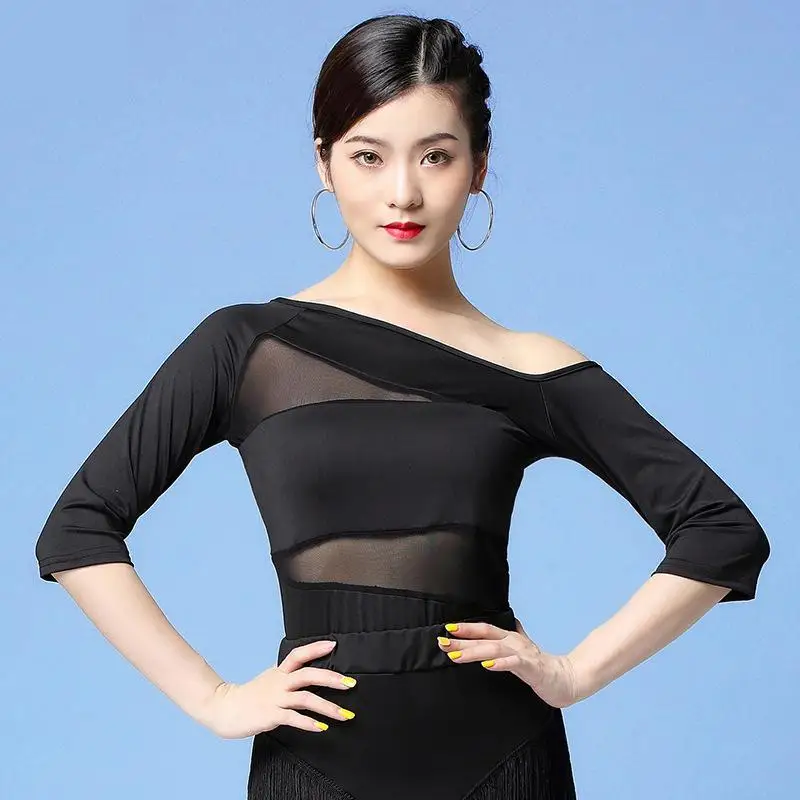 

Latin Dance Practice Clothing Female Adult Oblique Shoulder Sexy Mesh Top New Profession Black Dance Performance Training Shirts