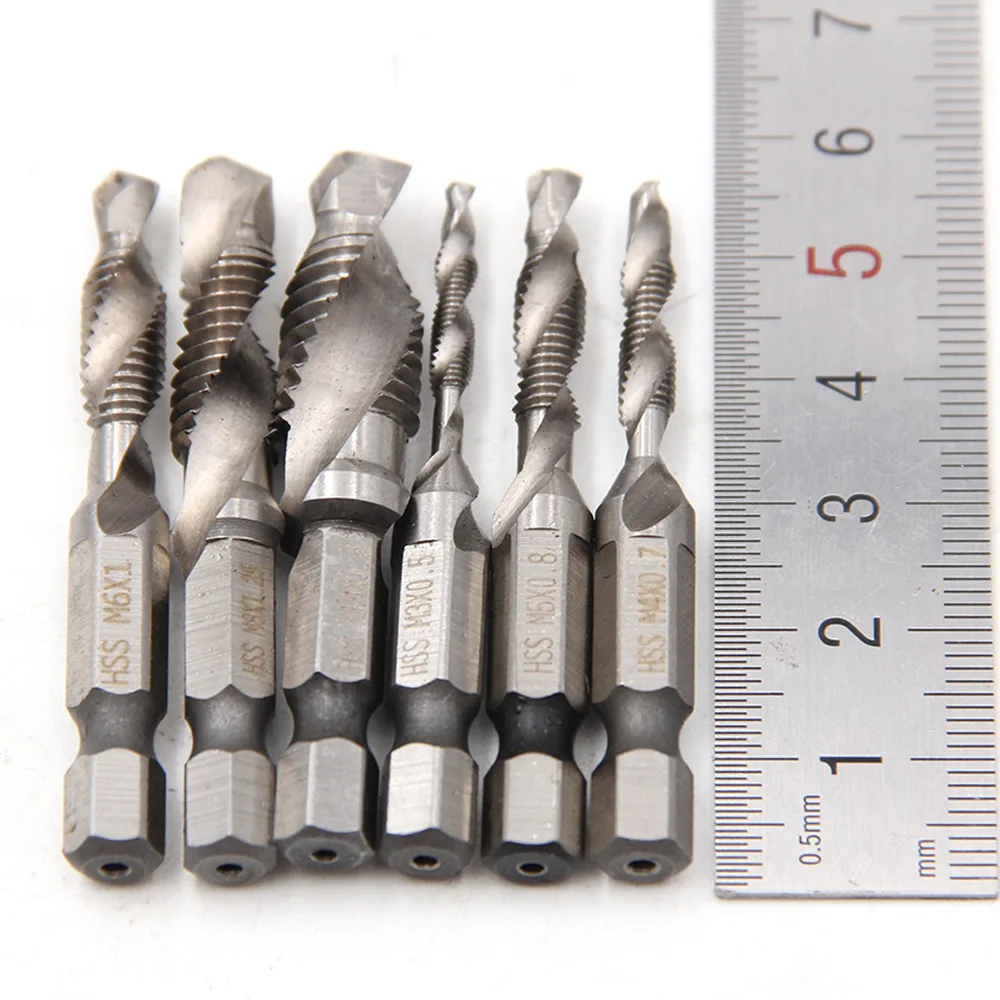 

6Pcs Hex Shank Titanium Plated HSS Screw Thread Metric Tap Drill Bits Screw Machine Compound tap M3 M4 M5 M6 M8 M10 Hand Tools