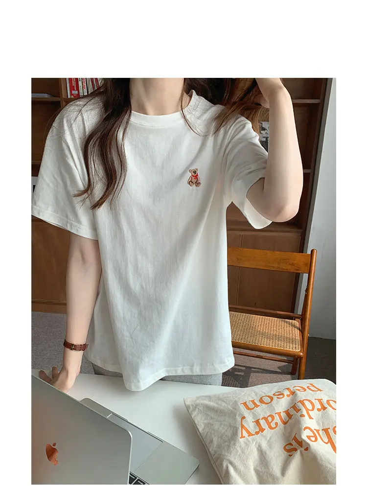 

4Colors Cartoon bear Embroidery Loose short sleeve t-shirts womens tee shirt femme women tops 2021 (X1921