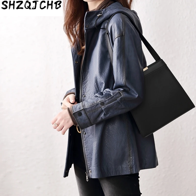 

JCHB 2021 Real Sheepskin Coat Genuine Leather Jacket Women Hooded Vintage Leather Jackets Windbreaker Spring Veste Cuir Femme K