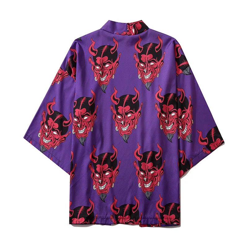 

Streetwear Kimono Unisex Tide Brand Devil Head Print Blouses High Street Loose Open Stitch Shirt Men Women Youth Cloak Robe 2021
