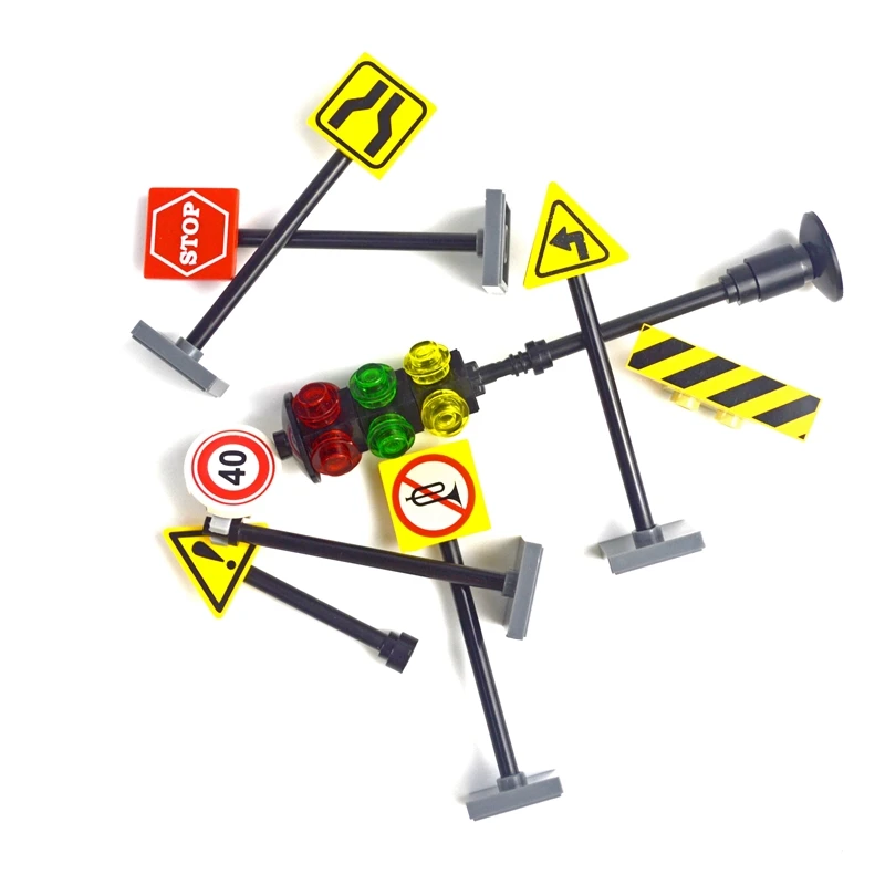 

City street signs bricks Road cross signal Model Kits traffic light building block Accessory Compatible All Brands city signpost